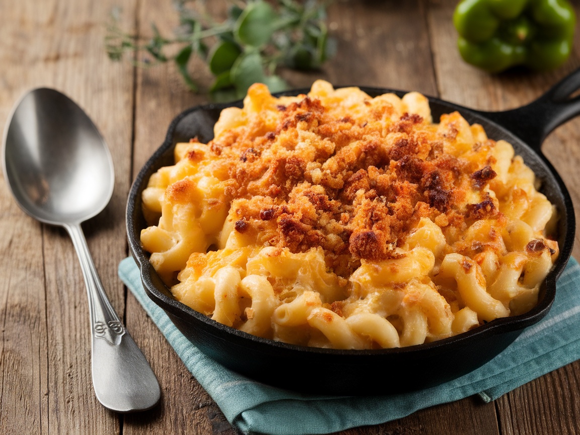 Creamy baked macaroni and cheese with a golden breadcrumb topping served in a rustic bowl.